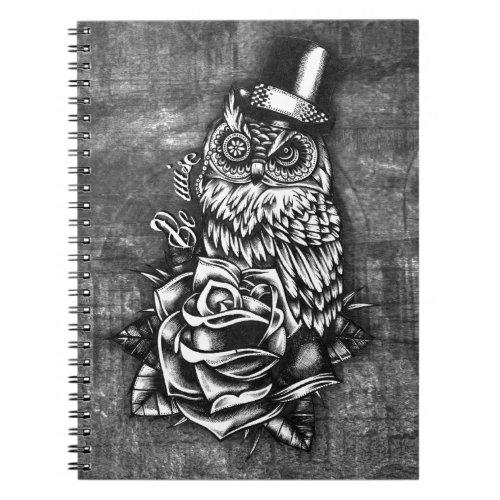 Be Wise tattoo style owl on digital wood base Notebook