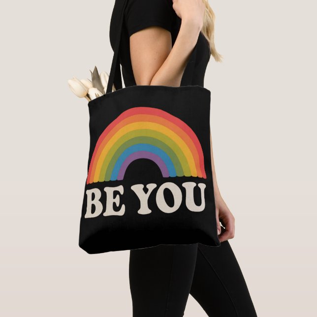 Be You Gay Lesbian Pride LGBTQ Ally Rainbow Retro Tote Bag (Close Up)