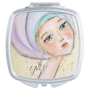 "Be You" Girly Purple Turban Pastel Watercolor Art Compact Mirror
