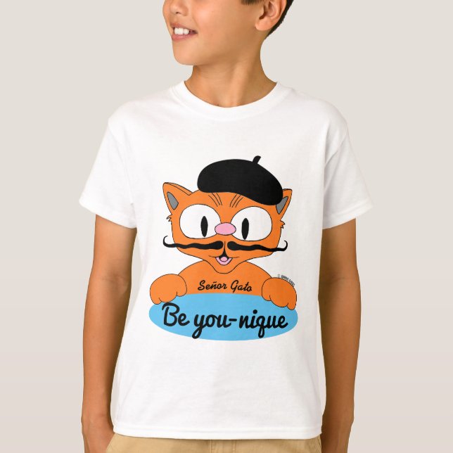 Be You-nique (Be unique) Cartoon Mustache cat Blue T-Shirt (Front)