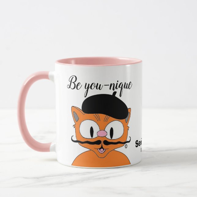 Be You-nique (Be unique) Cartoon Mustache cat Mug (Left)