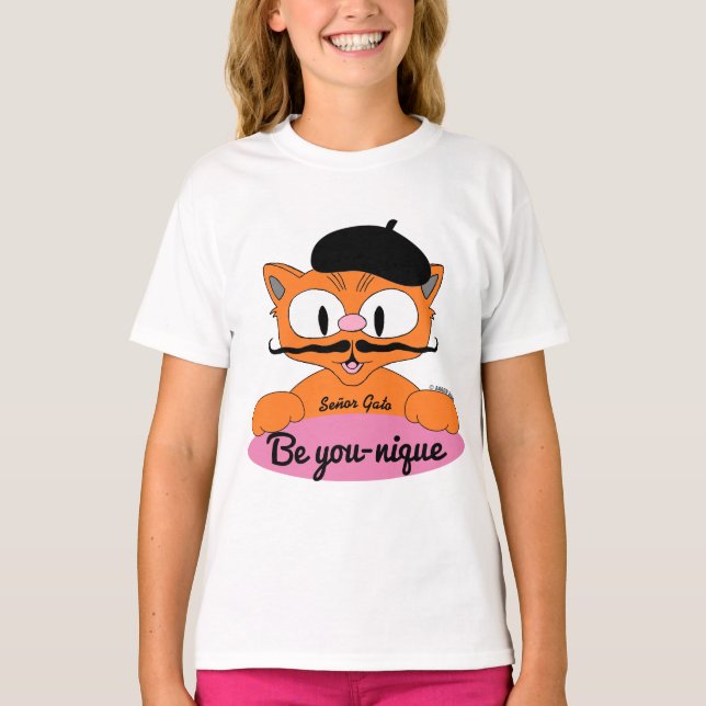 Be You-nique (Be unique) Cartoon Mustache cat Pink T-Shirt (Front)