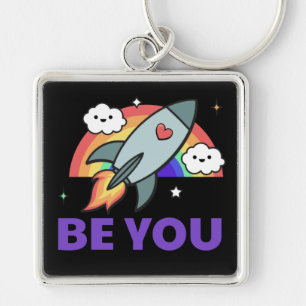 Be you. Rainbow rocket cloud with heart Keychain