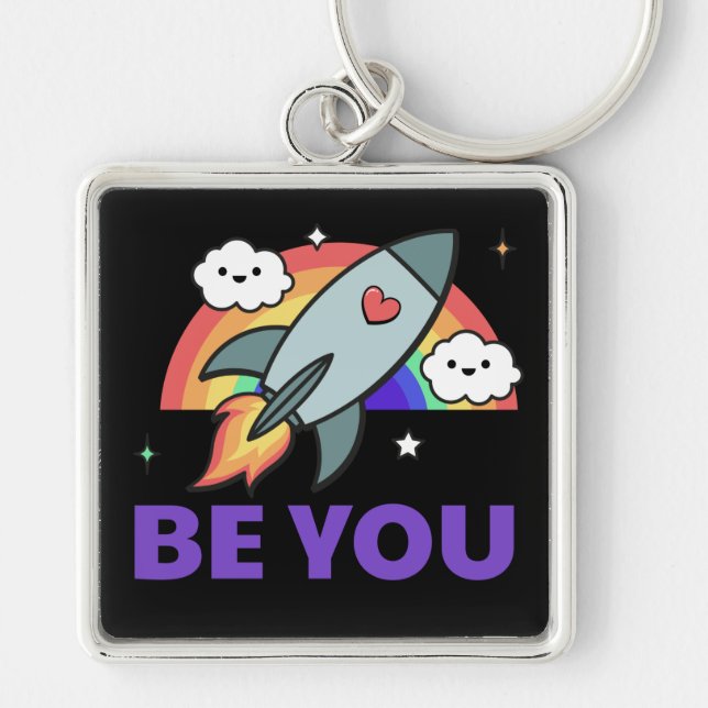 Be you. Rainbow rocket cloud with heart   Keychain (Front)