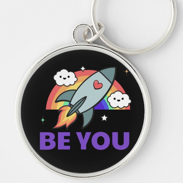 Be you. Rainbow rocket cloud with heart   Keychain (Front)