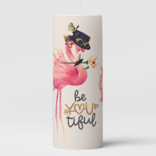 Be You tiful, Monogram Pink Flamingo Steampunk Bat Pillar Candle