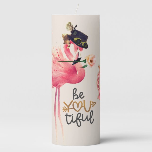 Be You tiful, Monogram Pink Flamingo Steampunk Bat Pillar Candle (Front)