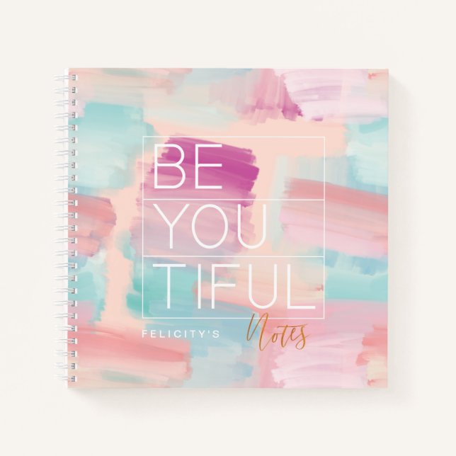 BE-YOU-TIFUL Pink & Blue Watercolor Brush Stroke Notebook (Front)