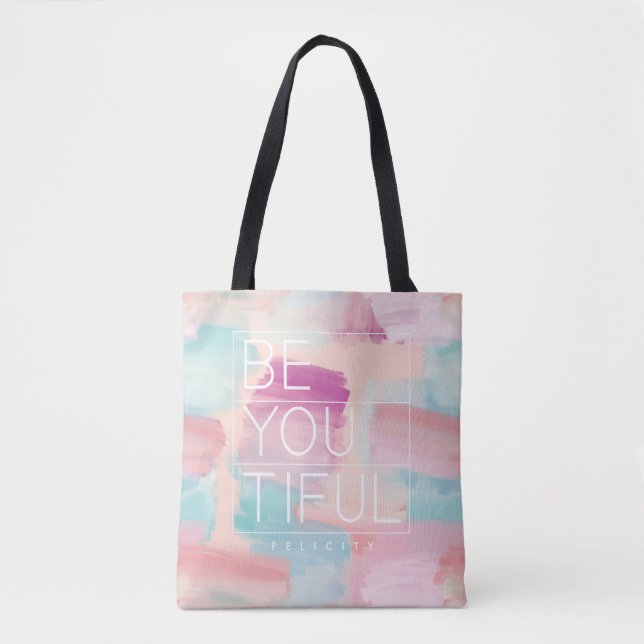 BE-YOU-TIFUL Pink & Blue Watercolor Brush Stroke Tote Bag (Front)