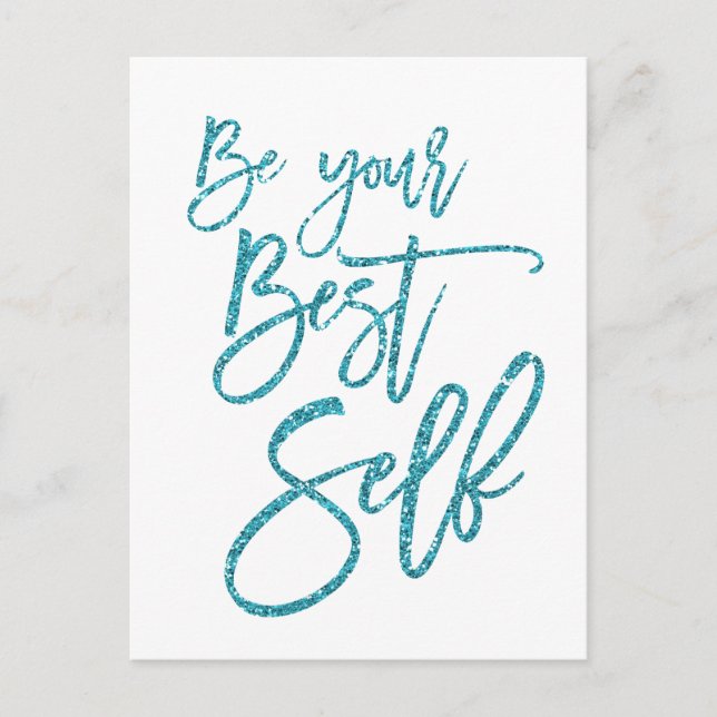 Be Your Best Self Motivational Quote Blue Sparkly Postcard (Front)