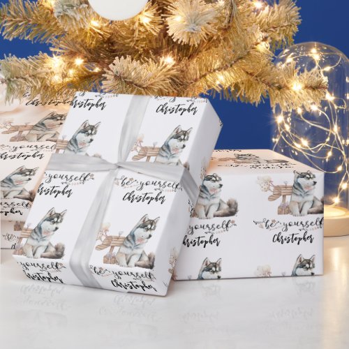 Be yourself Cute Husky puppy next to mailbox Wrapping Paper
