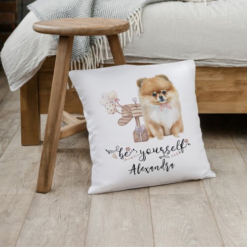 Be yourself Cute Pomeranian puppy next to mailbox Throw Pillow
