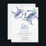 Beach 50th Birthday  Invitations Crab Boil<br><div class="desc">Do Tell A Belle's beach 50th Birthday invitation frames your event details with a top boarder of blue watercolor crabs. A matching color adorns the back of your invitation. A beachy chic yet modern choice for your Birthday party or crab boil. Words can be changed to read 60th, 70th, 80th,...</div>