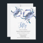 Beach 50th Birthday  Invitations Crab Boil<br><div class="desc">Do Tell A Belle's beach 50th Birthday invitation frames your event details with a top boarder of blue watercolor crabs. A matching color adorns the back of your invitation. A beachy chic yet modern choice for your Birthday party or crab boil. Words can be changed to read 60th, 70th, 80th,...</div>