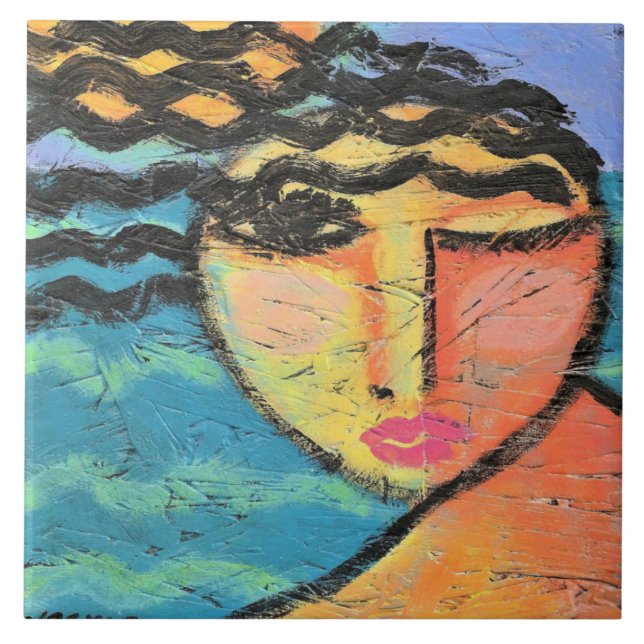 Beach Abstract Portrait of a Woman on OSB Board Ceramic Tile (Front)