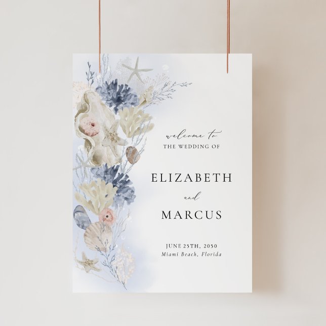Beach Acrylic Wedding Welcome Sign Coastal Shell (Coastal acrylic wedding welcome sign with seashell, starfish, coral artwork for beach weddings)