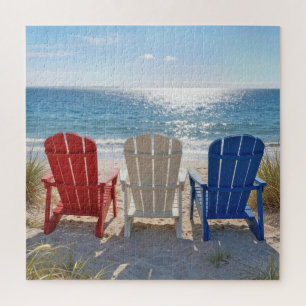 Beach Adirondack Chairs in Patriotic Colors Jigsaw Puzzle
