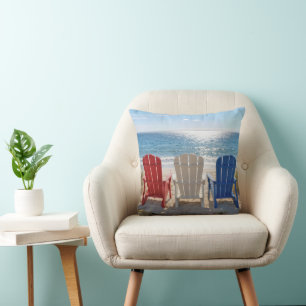 Beach Adirondack Chairs in Patriotic Colors Throw Pillow