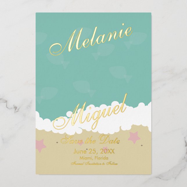  Beach Ampersand Save the Date Pressed  Foil Invitation (Front)