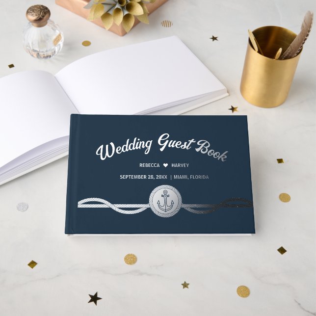  Beach Anchor Navy Coastal Nautical Wedding Foil Foil Guest Book (Front Open)