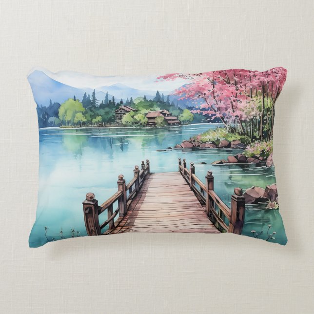 Beach and Lake Watercolor Background Paint Design Accent Pillow (Front)