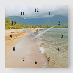 BEACH AND MOUNTAINS WITH CLOUDS SQUARE WALL CLOCK
