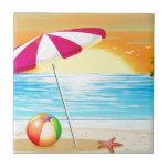 Beach and ocean ceramic tile<br><div class="desc">Illustration of a beautiful scene of a beach at sunset</div>