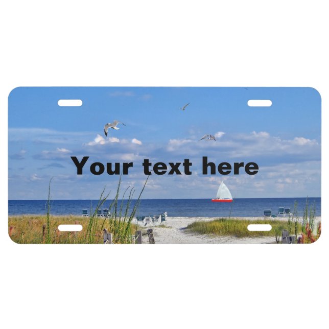 Beach and Ocean View with Sailboat License Plate (Front)