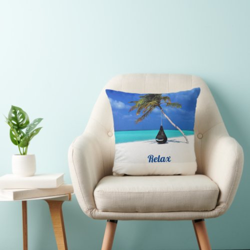 Beach and Palm TreeRelax  Throw Pillow