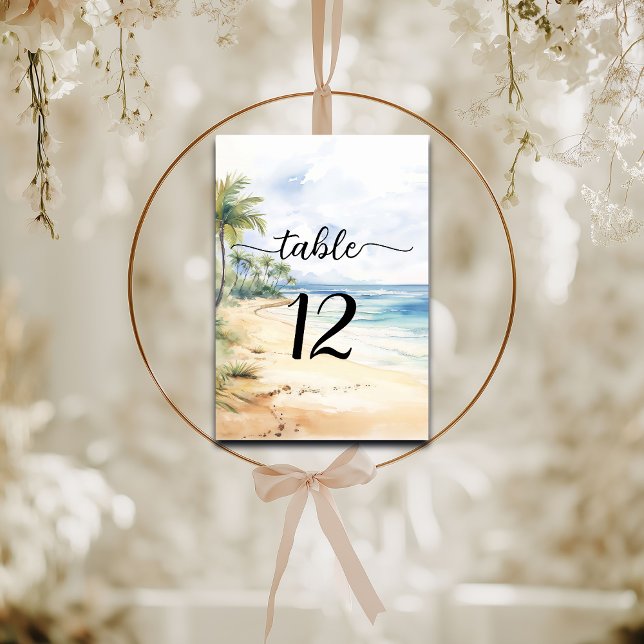 Beach and Palm Trees Elegant Wedding Table Number (Creator Uploaded)