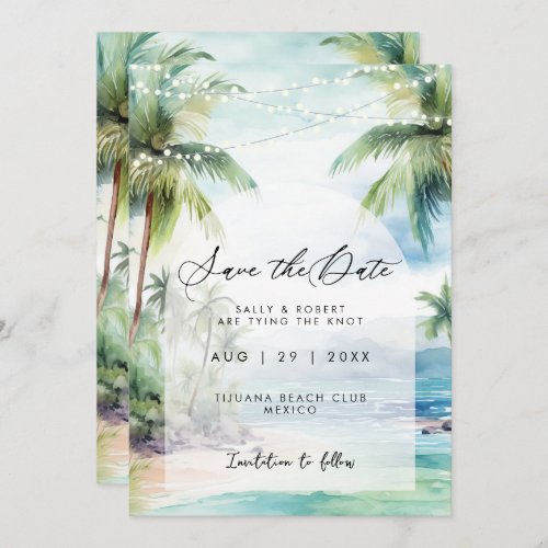 beach and palm trees save the date card