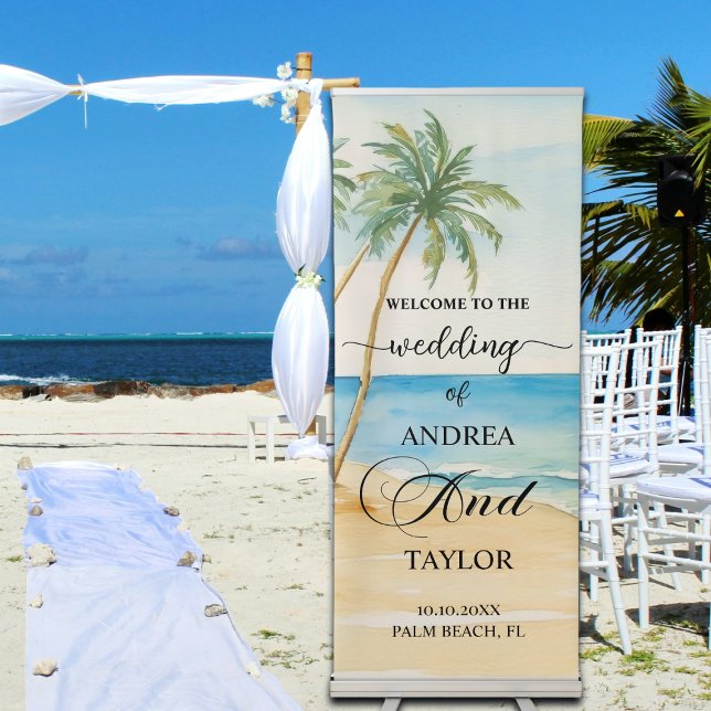 Beach and Palm Trees 'Welcome to our Wedding' Retractable Banner (Creator Uploaded)
