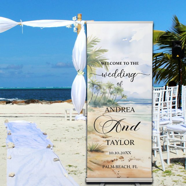 Beach and Palm Trees 'Welcome to our Wedding' Retractable Banner (Creator Uploaded)