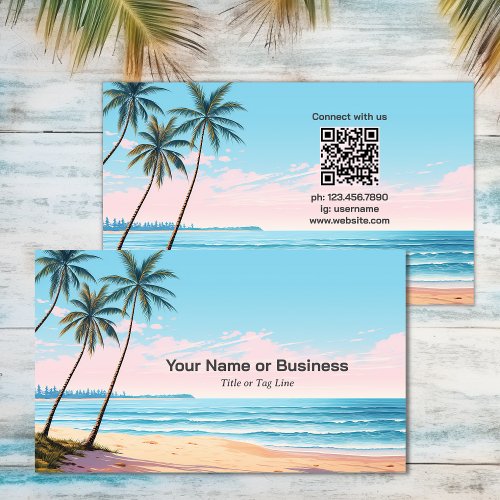 Beach and Palm Trees with QR Code Tropical Business Card
