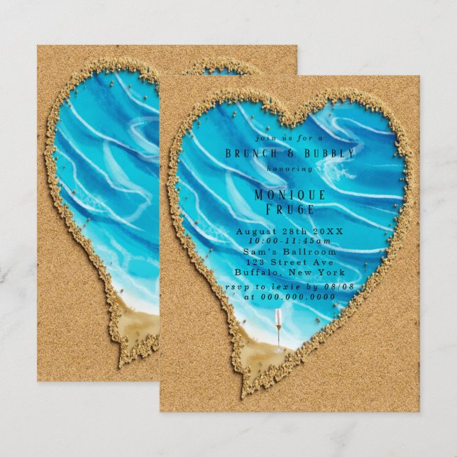 Beach and Sand Heart Brunch & Bubbly Invites (Front/Back)