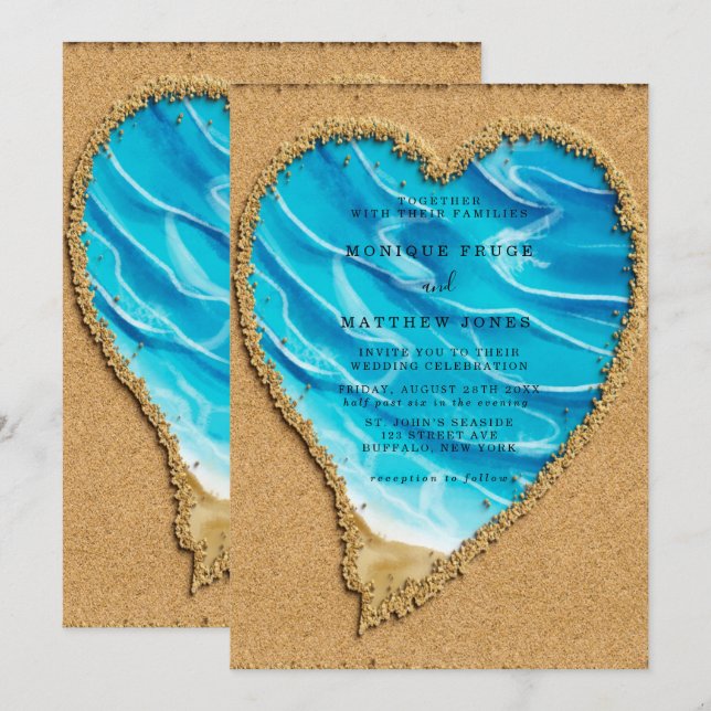 Beach and Sand Heart Destination Wedding Invitation (Front/Back)