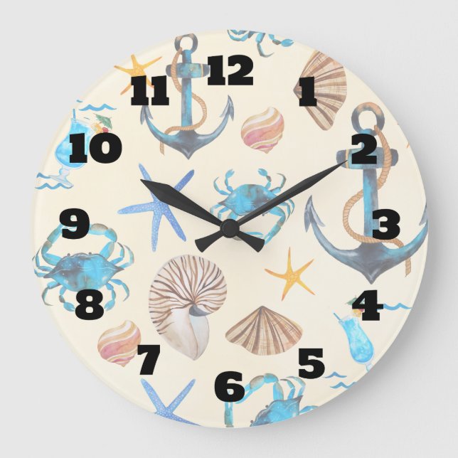 Beach And Sea Life Themed Pattern Large Clock (Front)