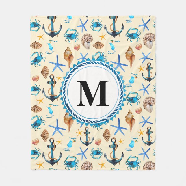 Beach And Sea Life Themed Pattern Monogram Fleece Blanket (Front)