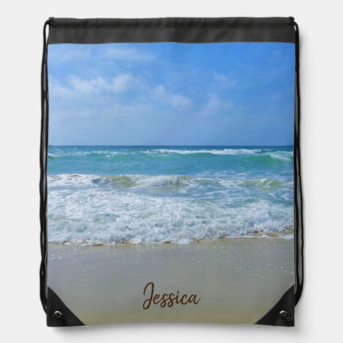 Beach and Sea Personalized Name Drawstring Bag