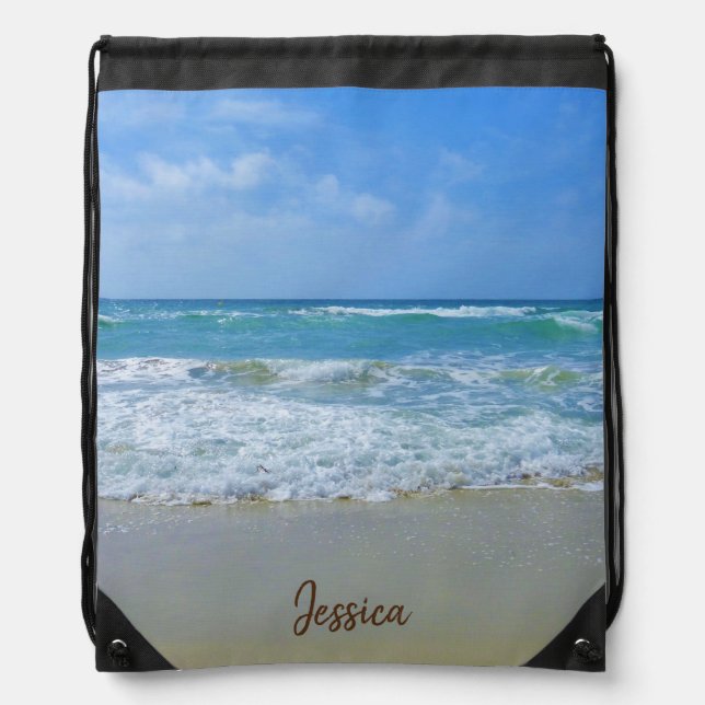 Beach and Sea Personalized Name Drawstring Bag (Front)