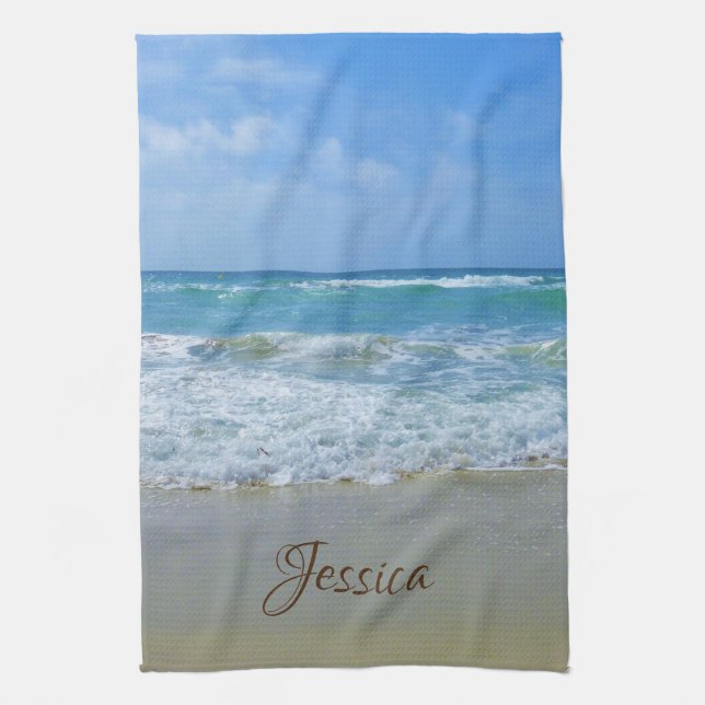 Beach and Sea Personalized Name Kitchen Towel (Vertical)
