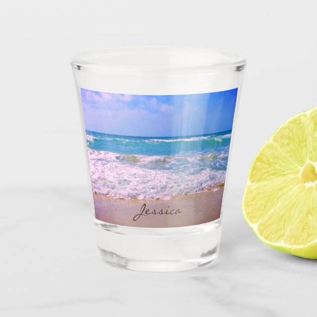 Beach and the Beautiful Sea Personalized Name Shot Glass (Front)
