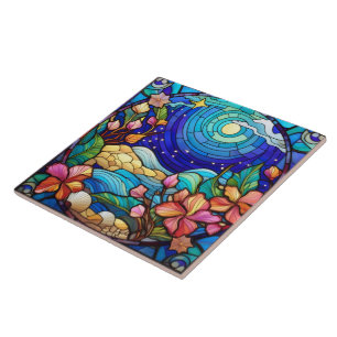 Beach and waves Stained glass art Ceramic Tile