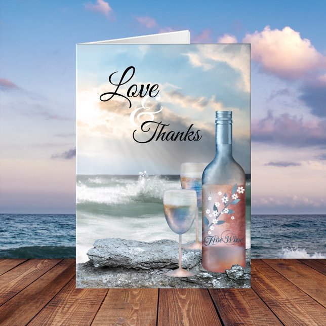 Beach and Wine Dream Wedding Thank You Card (Wedding Thank You card featuring an original painting of a wine bottle with glasses at the beach)