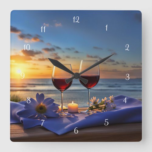 Beach and Wine Sunset Square Wall Clock