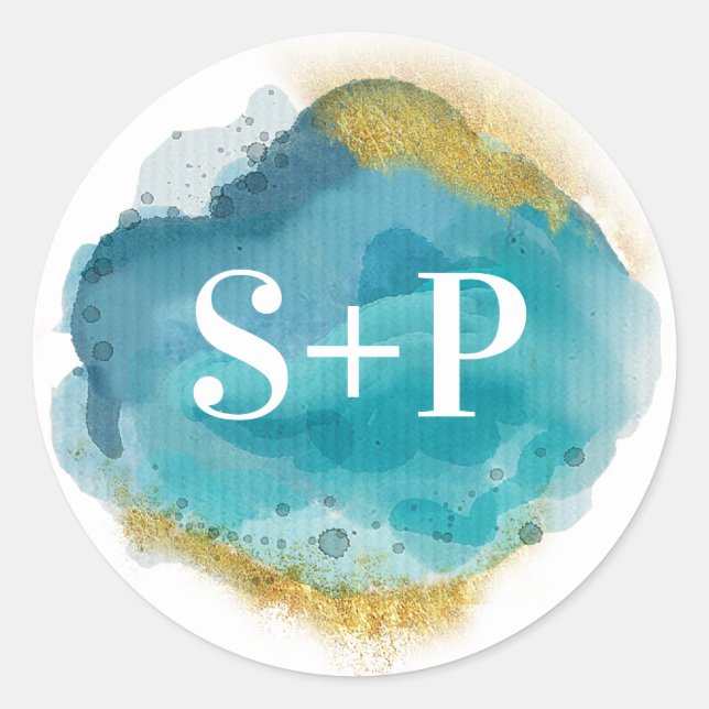 Beach aqua and gold Initial wedding stickers (Front)