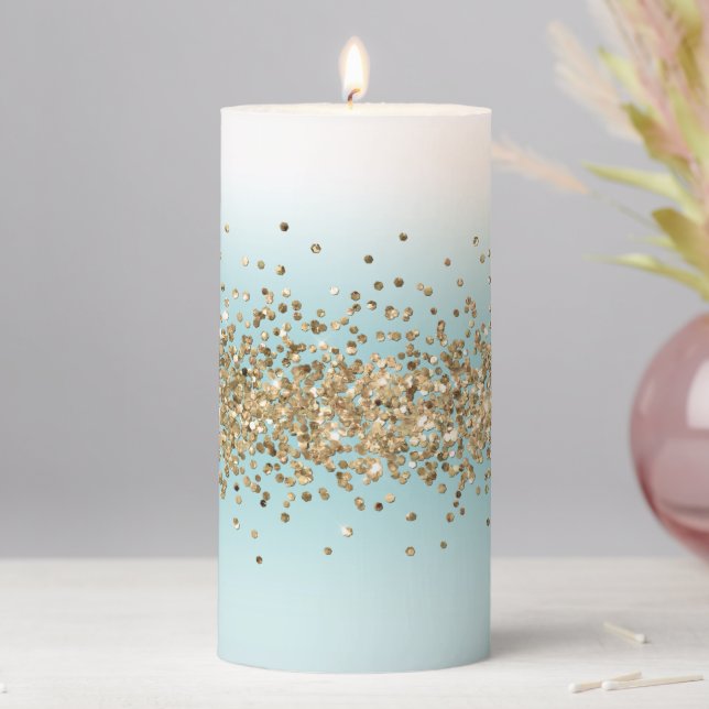 Beach Aqua Blue Ombre Gold Glitzy Sparkle Pillar Candle (In Situ)