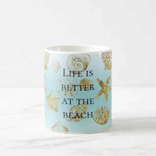 Beach Aqua Blue Ombre Gold Sea Shells Coffee Mug