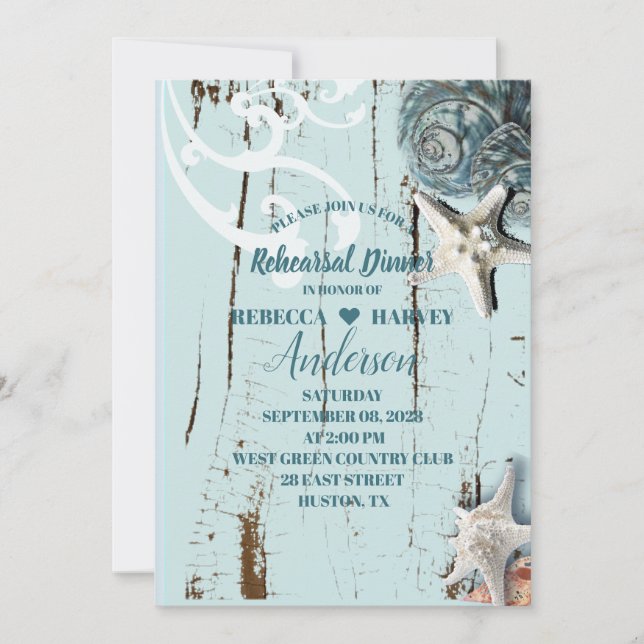 beach aqua blue seashell wedding rehearsal dinner invitation (Front)