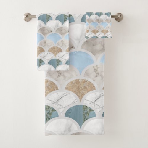 beach aqua blue white marble pastel mermaid scales bath towel set